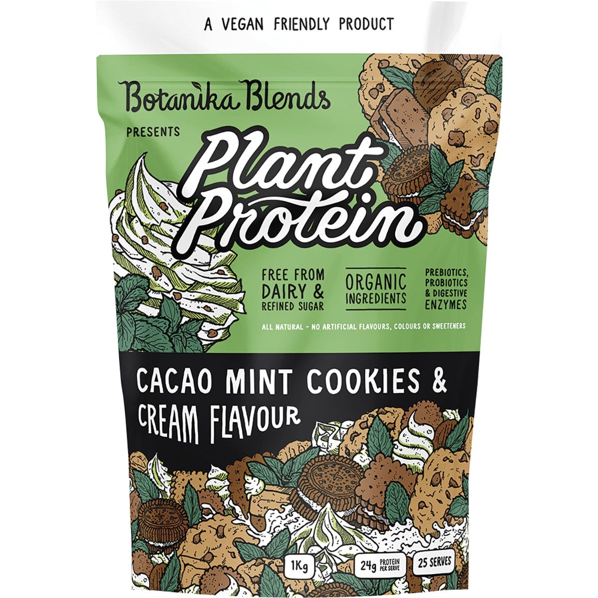 1kg tub of Botanika Blends Cacao Mint Cookies & Cream plant protein with a green and white label.