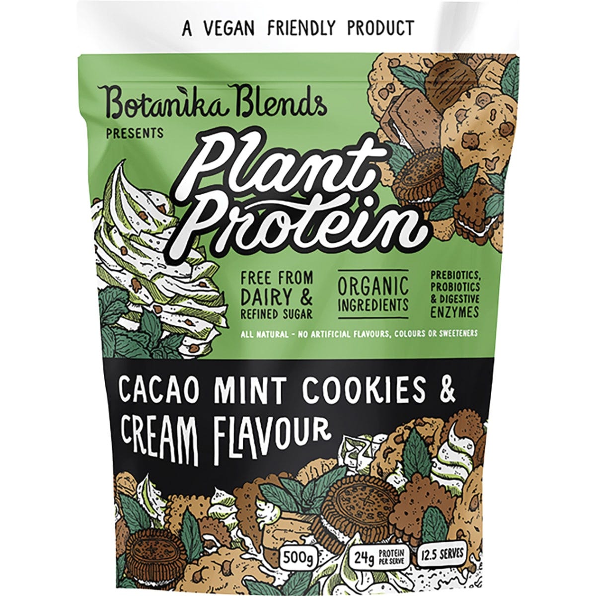 500g tub of Botanika Blends Cacao Mint Cookies & Cream plant protein with organic pea and brown rice protein.