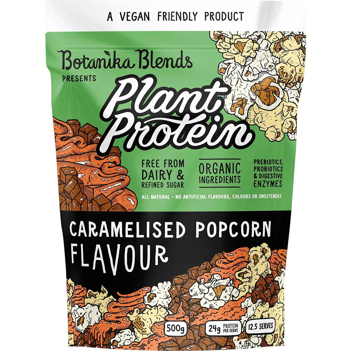 500g bag of Botanika Blends Caramelised Popcorn plant protein with a cartoon wizard and popcorn illustrations.