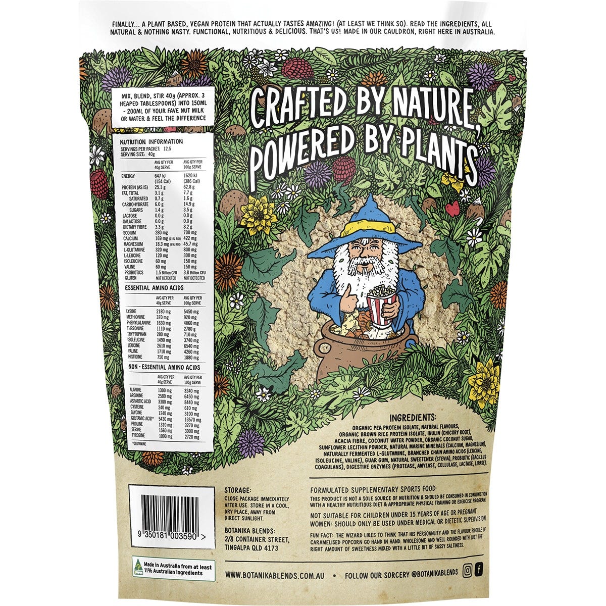 Back of a Botanika Blends Caramelised Popcorn plant protein bag showing nutrition facts and ingredients.