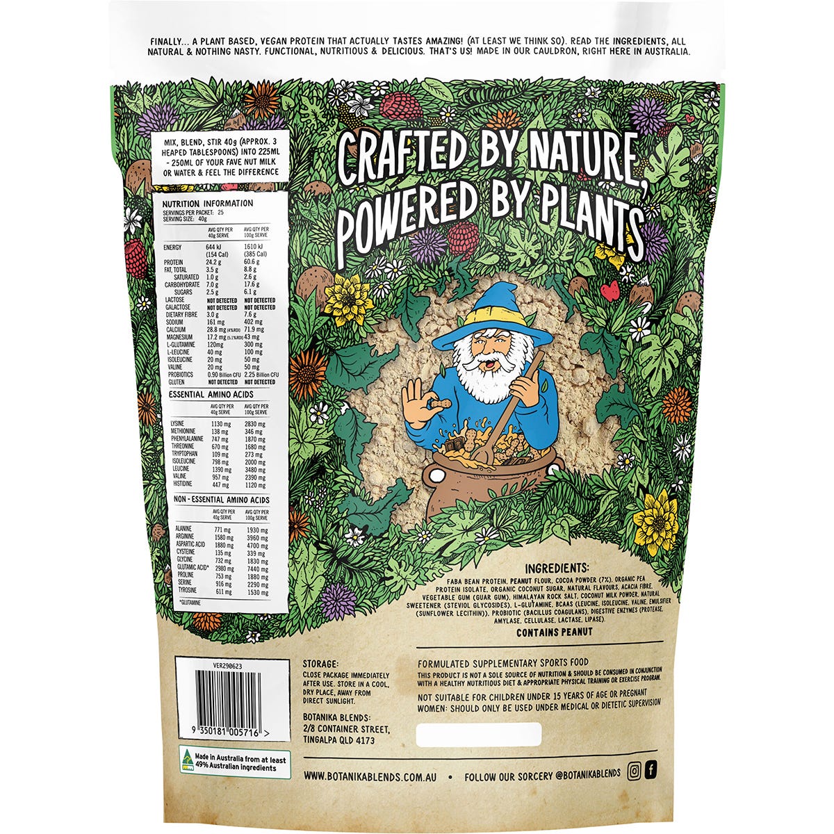 Back of Botanika Blends Choc Peanut Butter 1kg tub showing nutritional panel and ingredients on a white background.