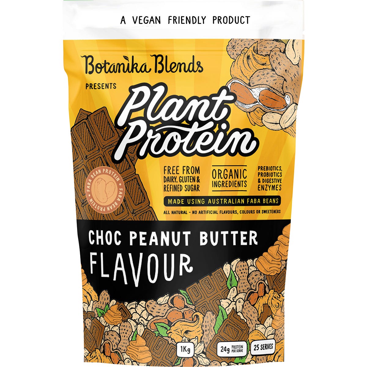 1kg tub of Botanika Blends Choc Peanut Butter plant protein with faba bean and pea protein on a white background.
