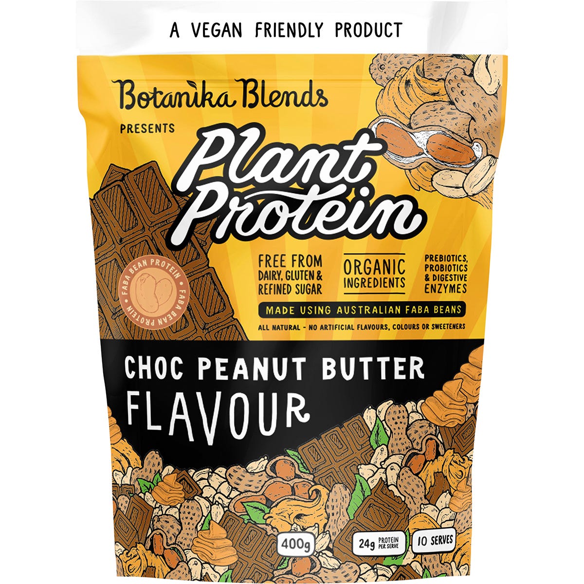400g tub of Botanika Blends Choc Peanut Butter plant protein with faba bean and organic pea protein.