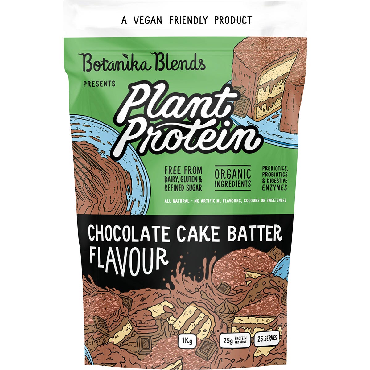 1kg bag of Botanika Blends Chocolate Cake Batter Plant Protein with organic pea and brown rice protein.