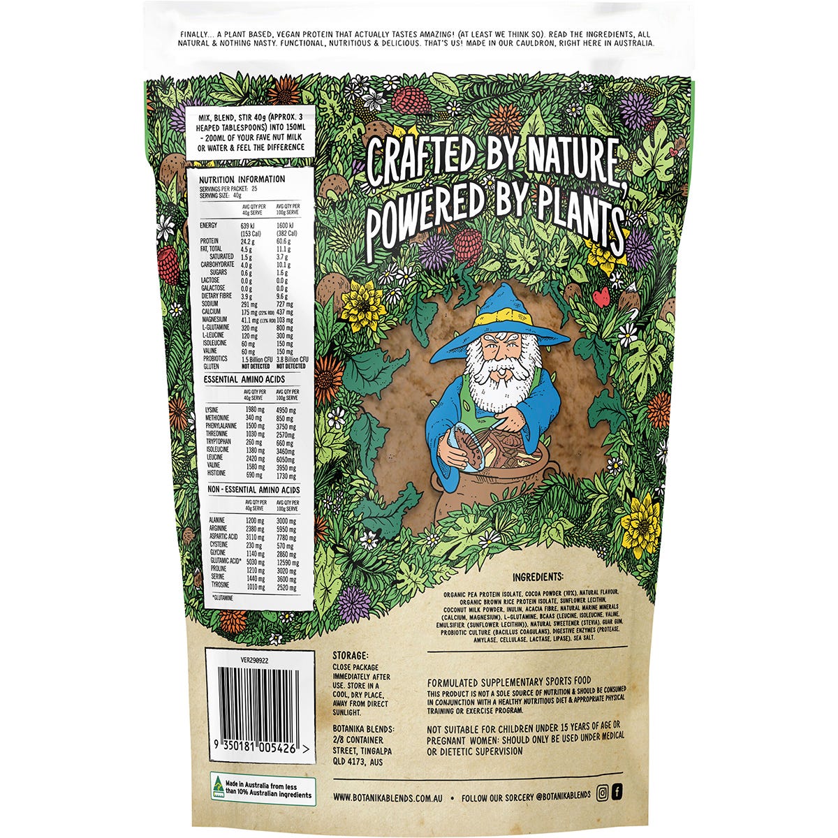 Botanika Blends 1kg Chocolate Cake Batter Plant Protein bag showing pea and brown rice protein ingredients.