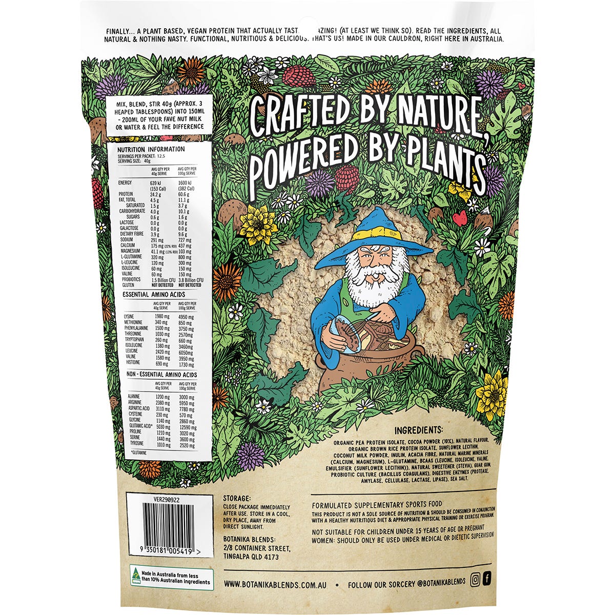 Botanika Blends 500g Chocolate Cake Batter plant protein tub with botanical illustrations on a white background.