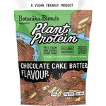 500g tub of Botanika Blends Chocolate Cake Batter plant protein on a white background with botanical illustrations.