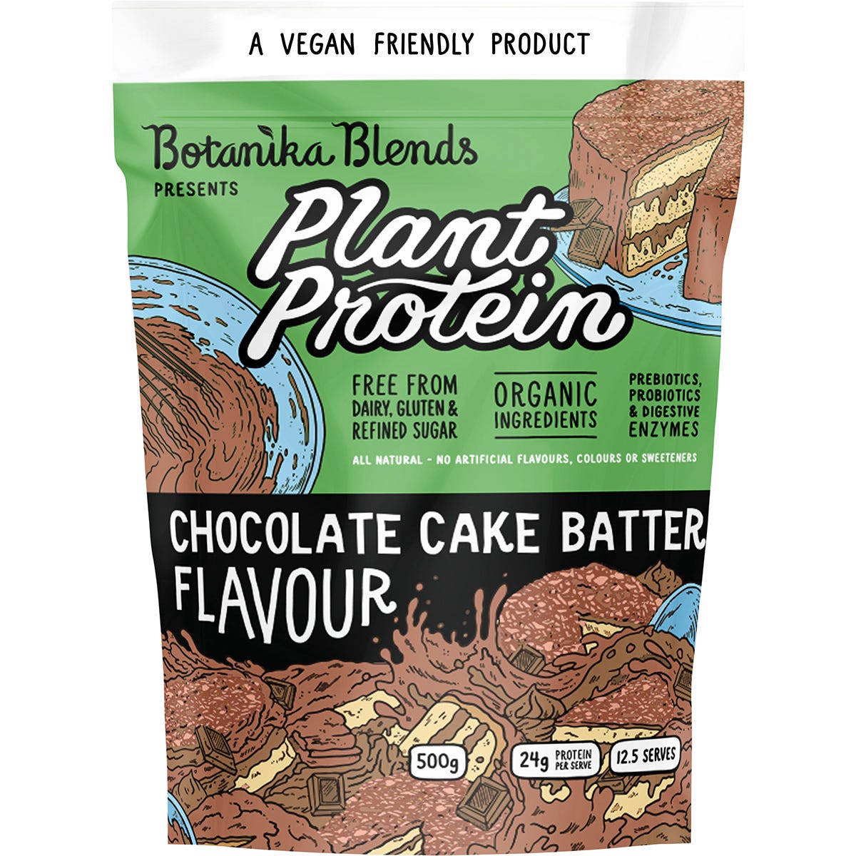 500g tub of Botanika Blends Chocolate Cake Batter plant protein on a white background with botanical illustrations.