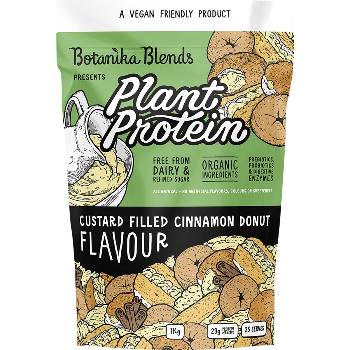 1kg tub of Botanika Blends Cinnamon Donut plant protein with donut and botanical illustrations on a brown label.