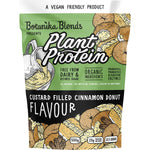 Botanika Blends 500g Cinnamon Donut plant protein tub with a blue label and illustrations of donuts and custard.