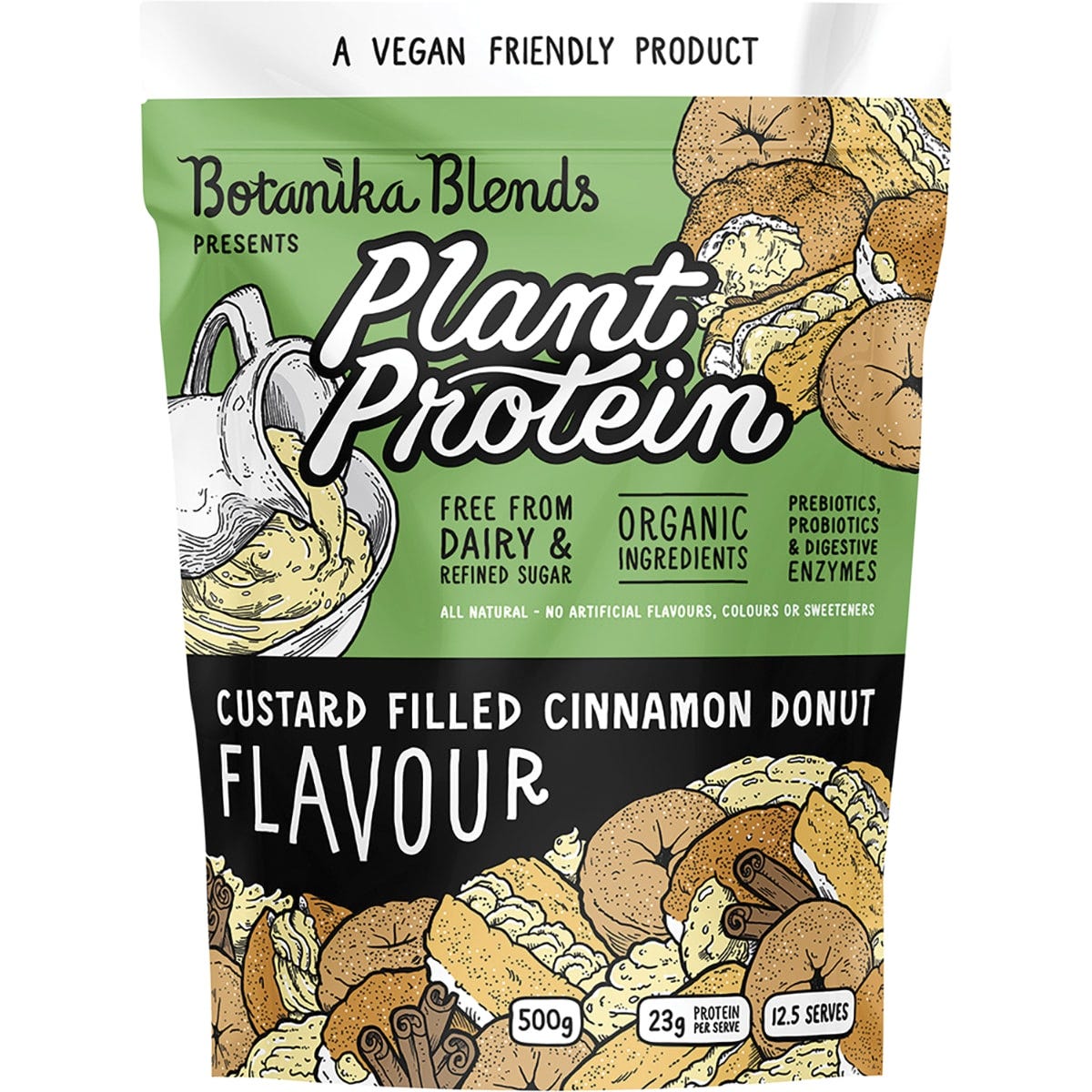 Botanika Blends 500g Cinnamon Donut plant protein tub with a blue label and illustrations of donuts and custard.