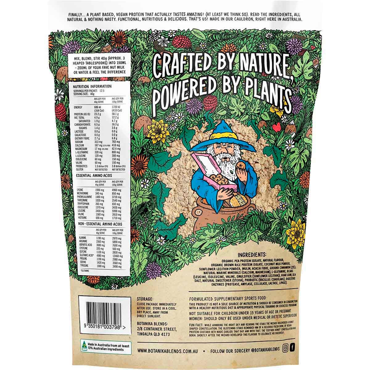 Botanika Blends 500g Cinnamon Donut plant protein tub with a blue label on a white background.