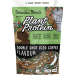 1kg bag of Botanika Blends Double Shot Iced Coffee plant protein with coffee bean and splash illustrations.