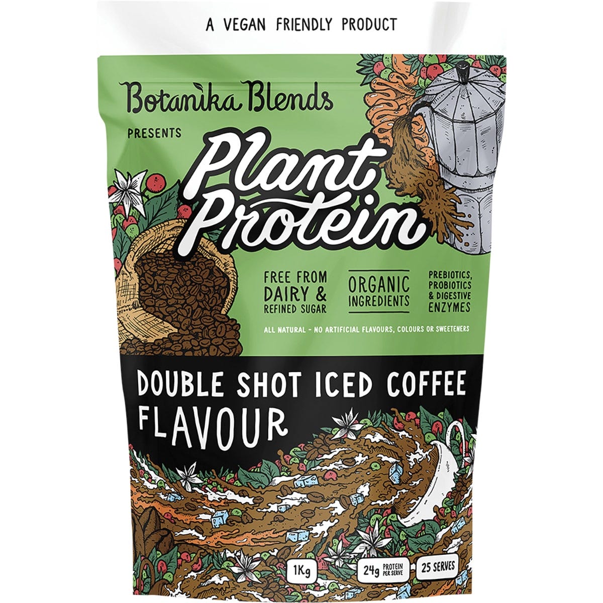 1kg bag of Botanika Blends Double Shot Iced Coffee plant protein with coffee bean and splash illustrations.