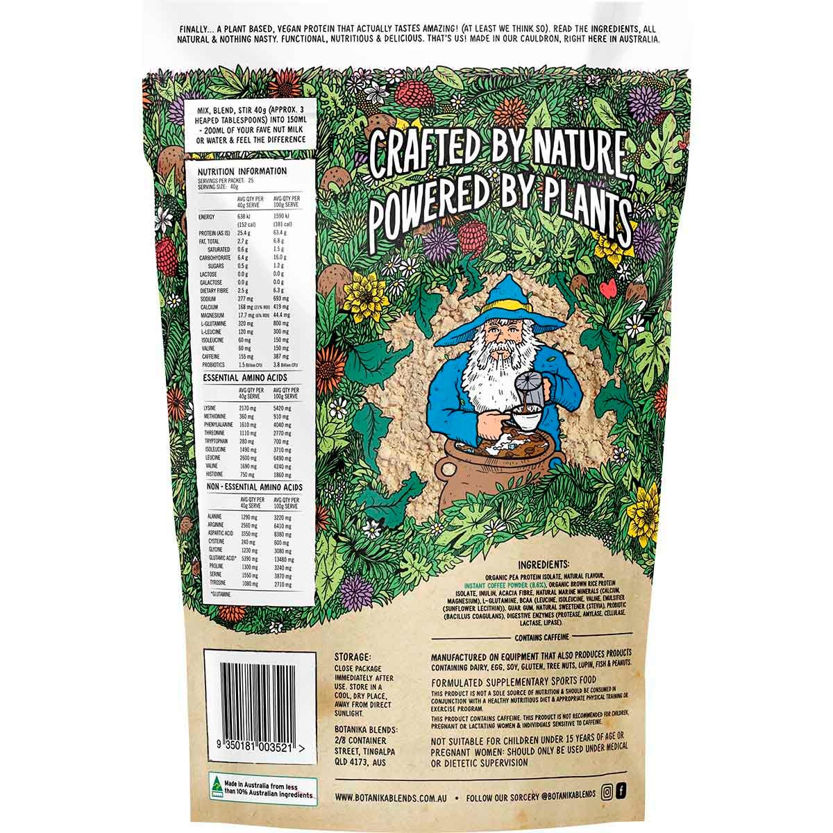 Back of 1kg Botanika Blends Double Shot Iced Coffee plant protein bag showing nutritional information and ingredients.