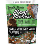 500g tub of Botanika Blends Double Shot Iced Coffee plant protein with a brown label on a white background.