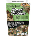 Botanika Blends Golden Chai Latte 1kg plant protein bag with turmeric and spice illustrations on a white background.