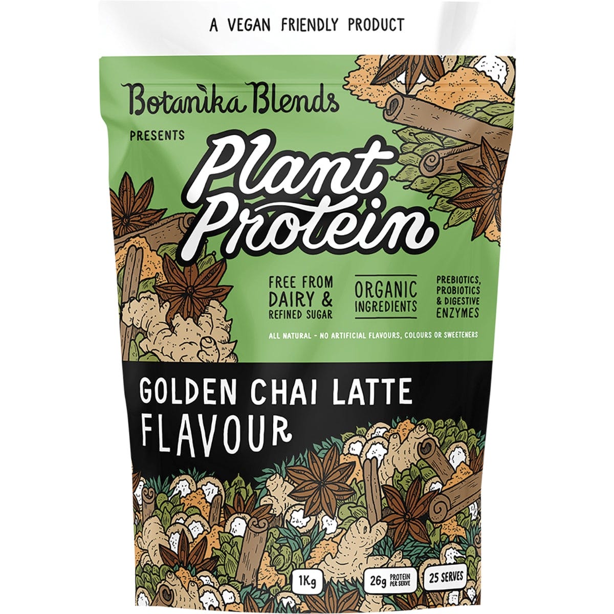 Botanika Blends Golden Chai Latte 1kg plant protein bag with turmeric and spice illustrations on a white background.