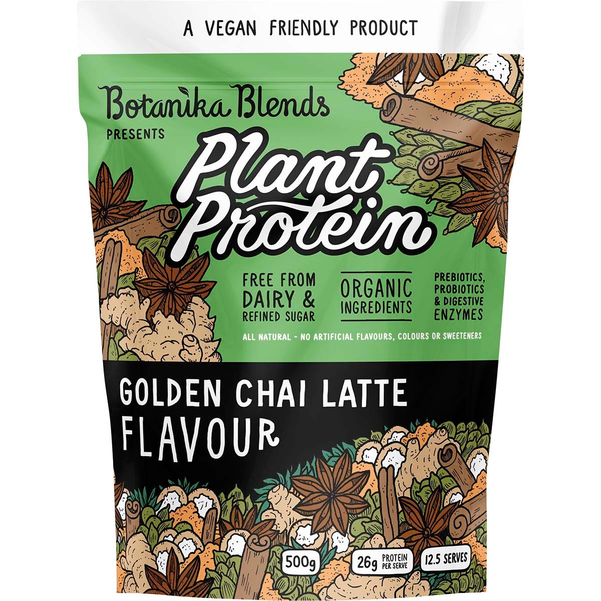 500g tub of Botanika Blends Plant Protein Golden Chai Latte with botanical illustrations on a white background.