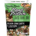 500g tub of Botanika Blends Plant Protein Golden Chai Latte with botanical illustrations on a white background.