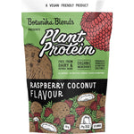 1kg bag of Botanika Blends Raspberry Coconut plant protein with a pink label featuring botanical and fruit illustrations.