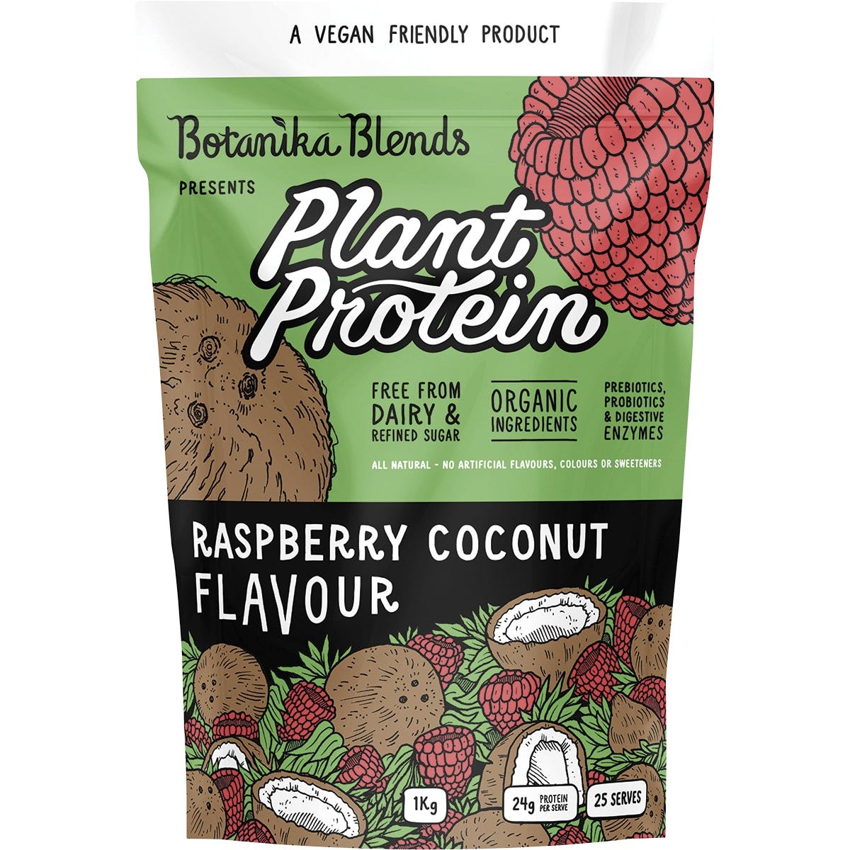 1kg bag of Botanika Blends Raspberry Coconut plant protein with a pink label featuring botanical and fruit illustrations.