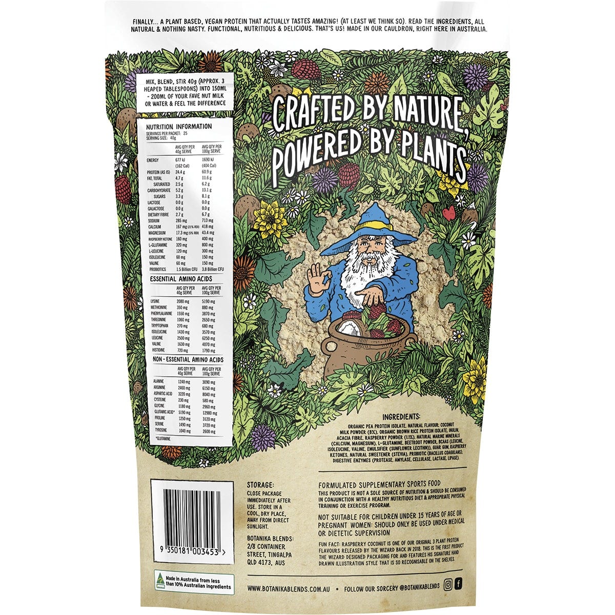 Botanika Blends 1kg Raspberry Coconut plant protein bag with a pink label featuring botanical and fruit illustrations.
