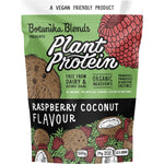 Botanika Blends Raspberry Coconut 500g plant protein bag with a pink and white label and botanical graphics.