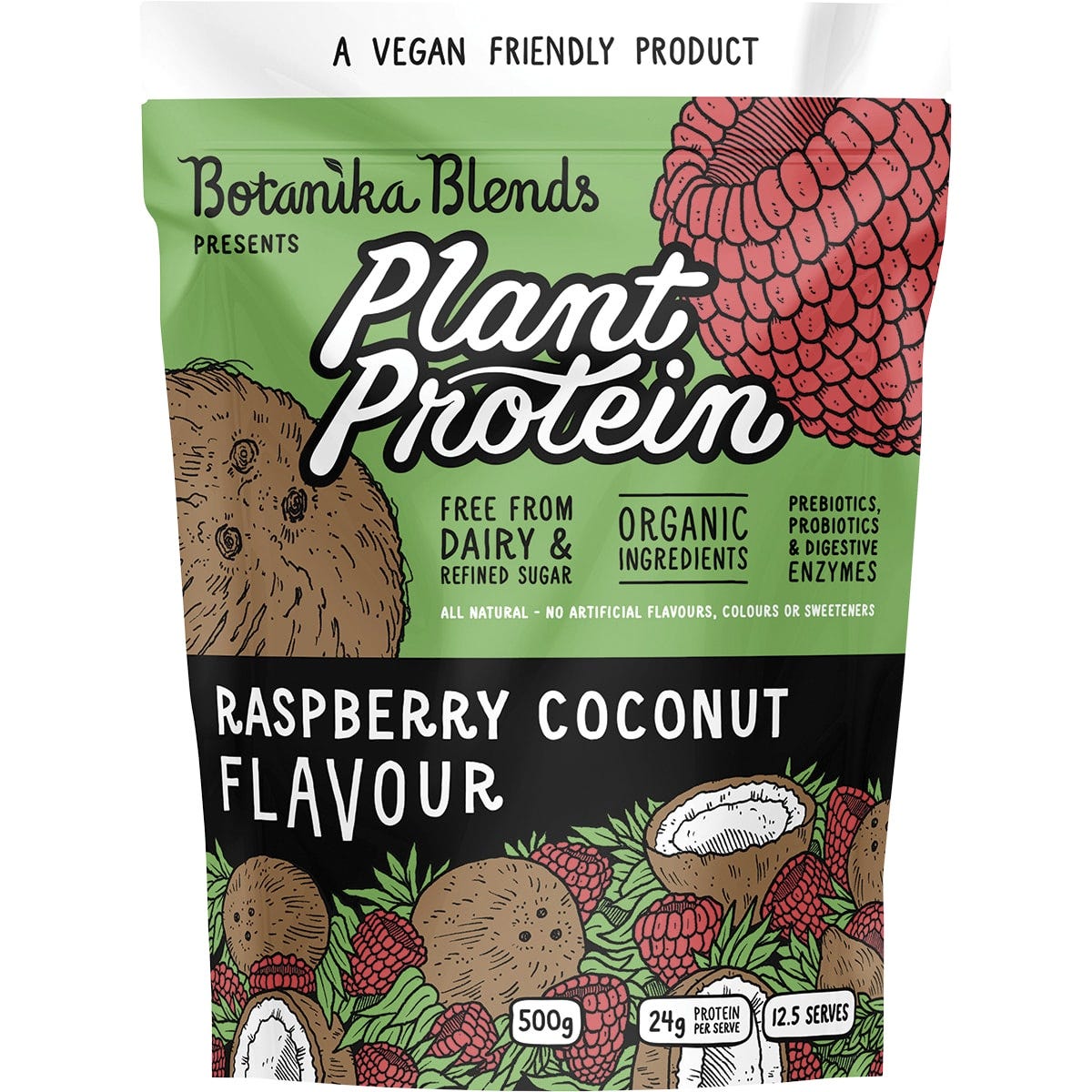 Botanika Blends Raspberry Coconut 500g plant protein bag with a pink and white label and botanical graphics.