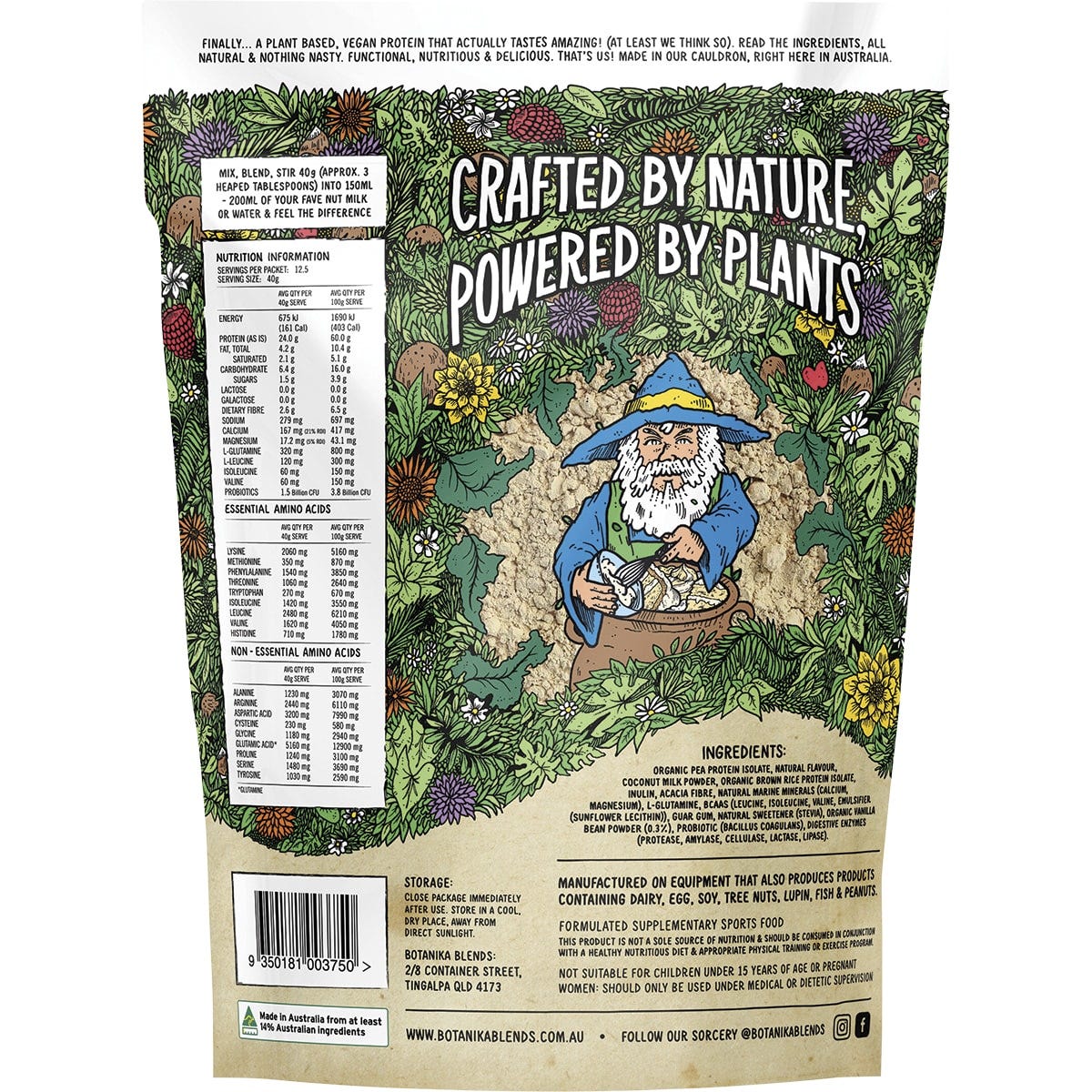 Vanilla Cake Batter Botanika Blends 500g plant protein bag featuring a wizard illustration on a white background.