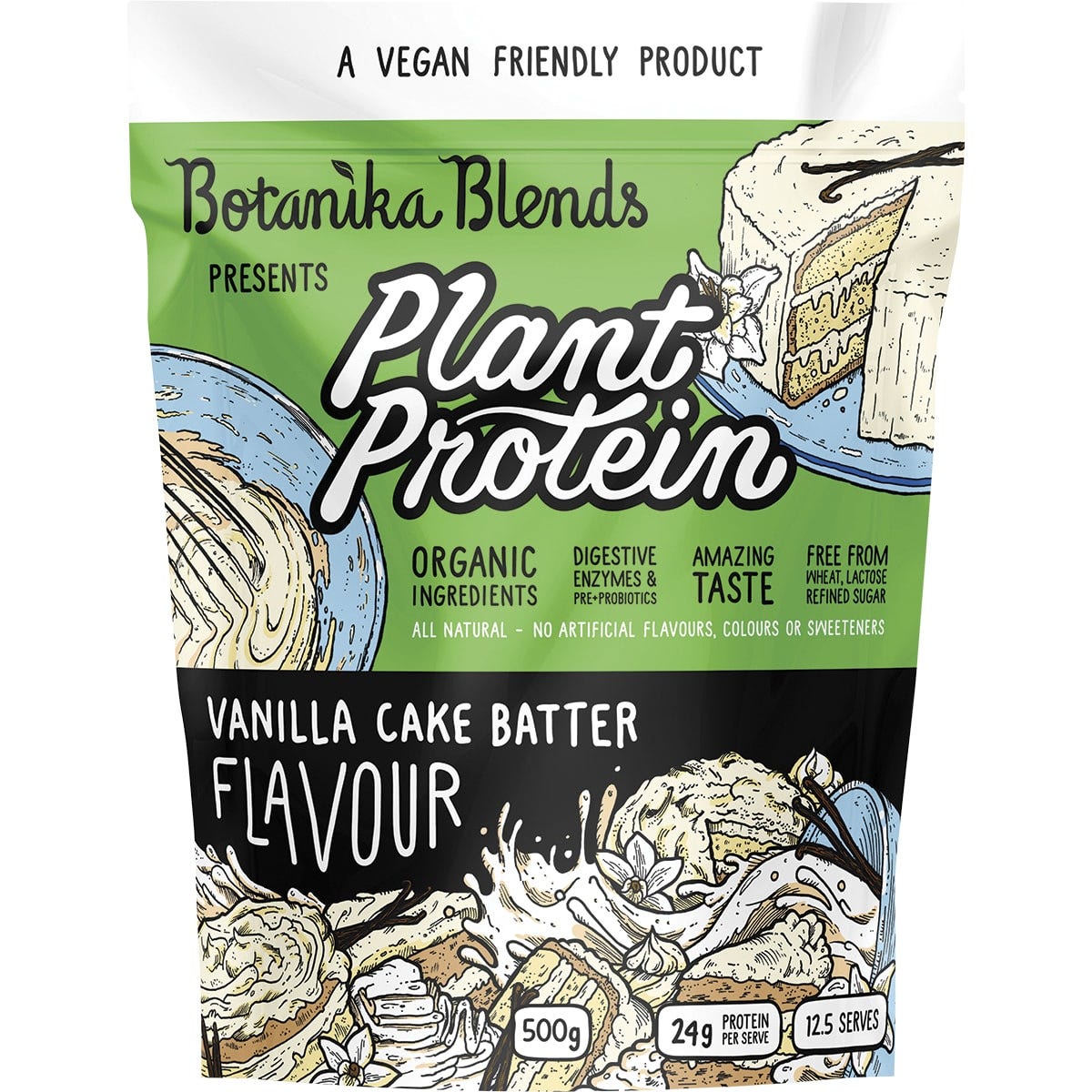 Botanika Blends 500g Vanilla Cake Batter plant protein bag with a wizard illustration on a white background.