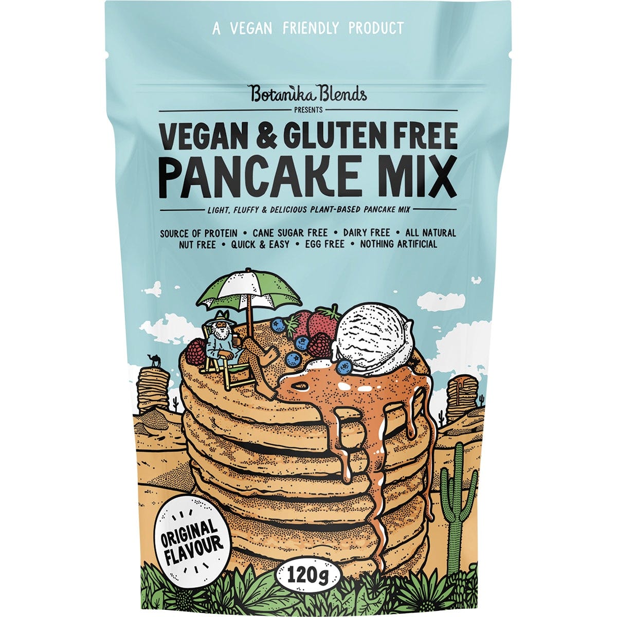 120g pouch of Botanika Blends Vegan & Gluten Free Pancake Mix with a blue label and illustrated pancakes.