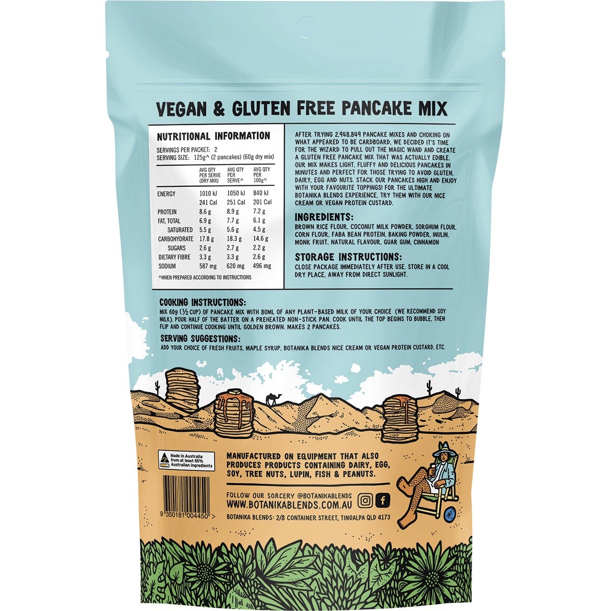 120g pouch of Botanika Blends Vegan & Gluten Free Pancake Mix with a blue label and illustrated pancakes.