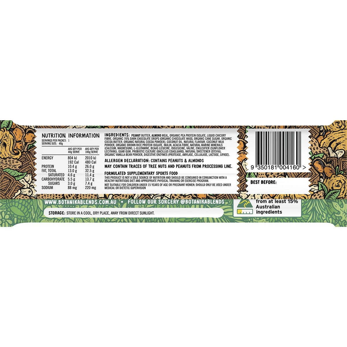 Botanika Blends Choc Chip Peanut Butter vegan protein bar in yellow packaging on a white background.