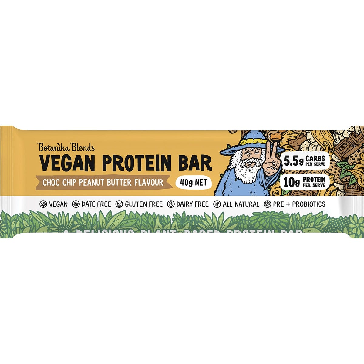 Botanika Blends Choc Chip Peanut Butter vegan protein bar in a yellow wrapper on a white background.