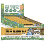 12-pack of Botanika Blends Choc Chip Peanut Butter vegan protein bars in a yellow display box.