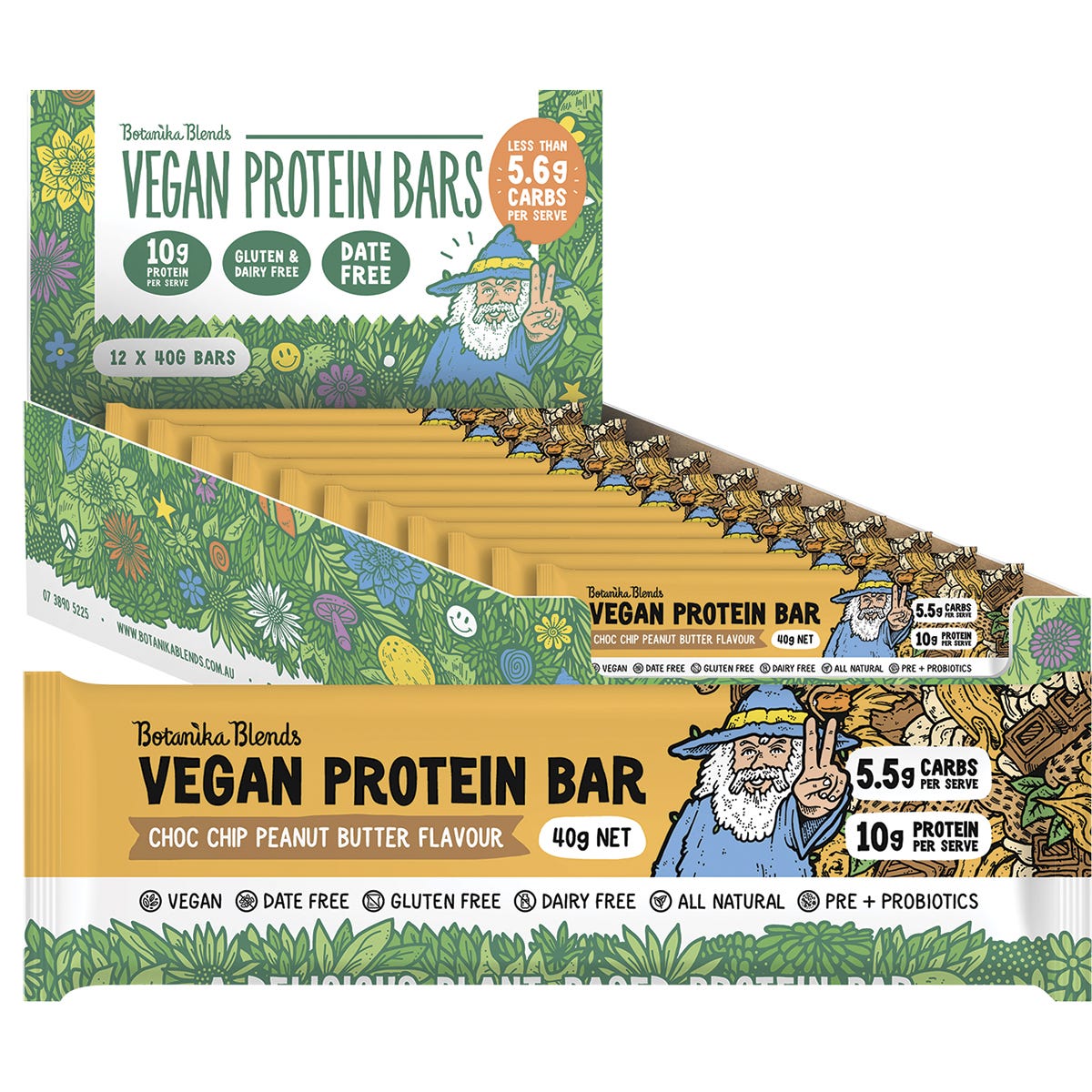 12-pack of Botanika Blends Choc Chip Peanut Butter vegan protein bars in a yellow display box.