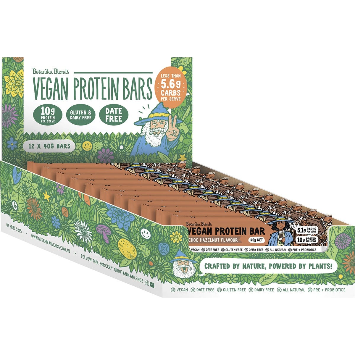 Back of Botanika Blends Choc Hazelnut protein bar wrapper with nutrition facts, ingredients, and storage instructions.