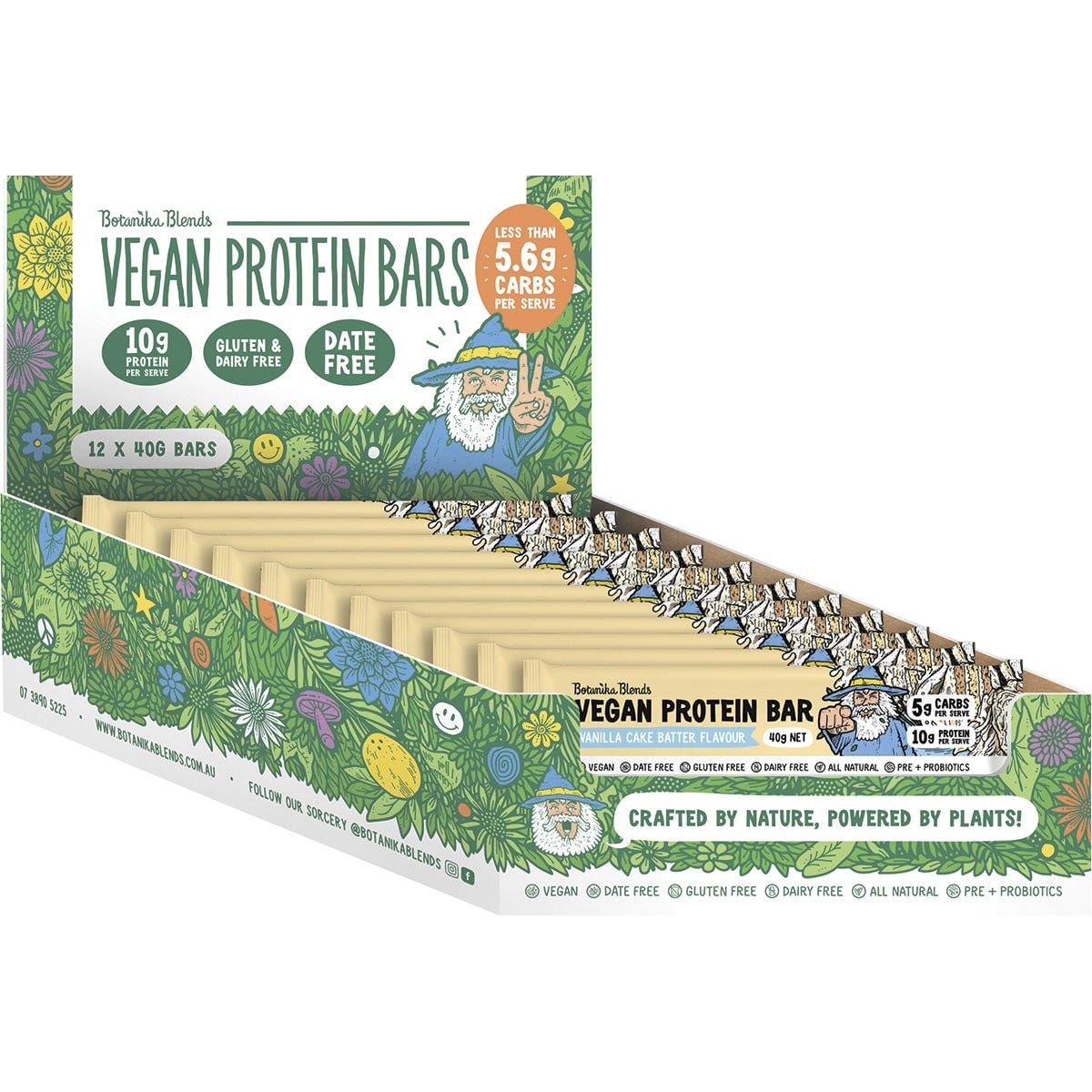 Back of Botanika Blends Vanilla Cake Batter protein bar pack with nutrition facts, ingredients, and allergen information.