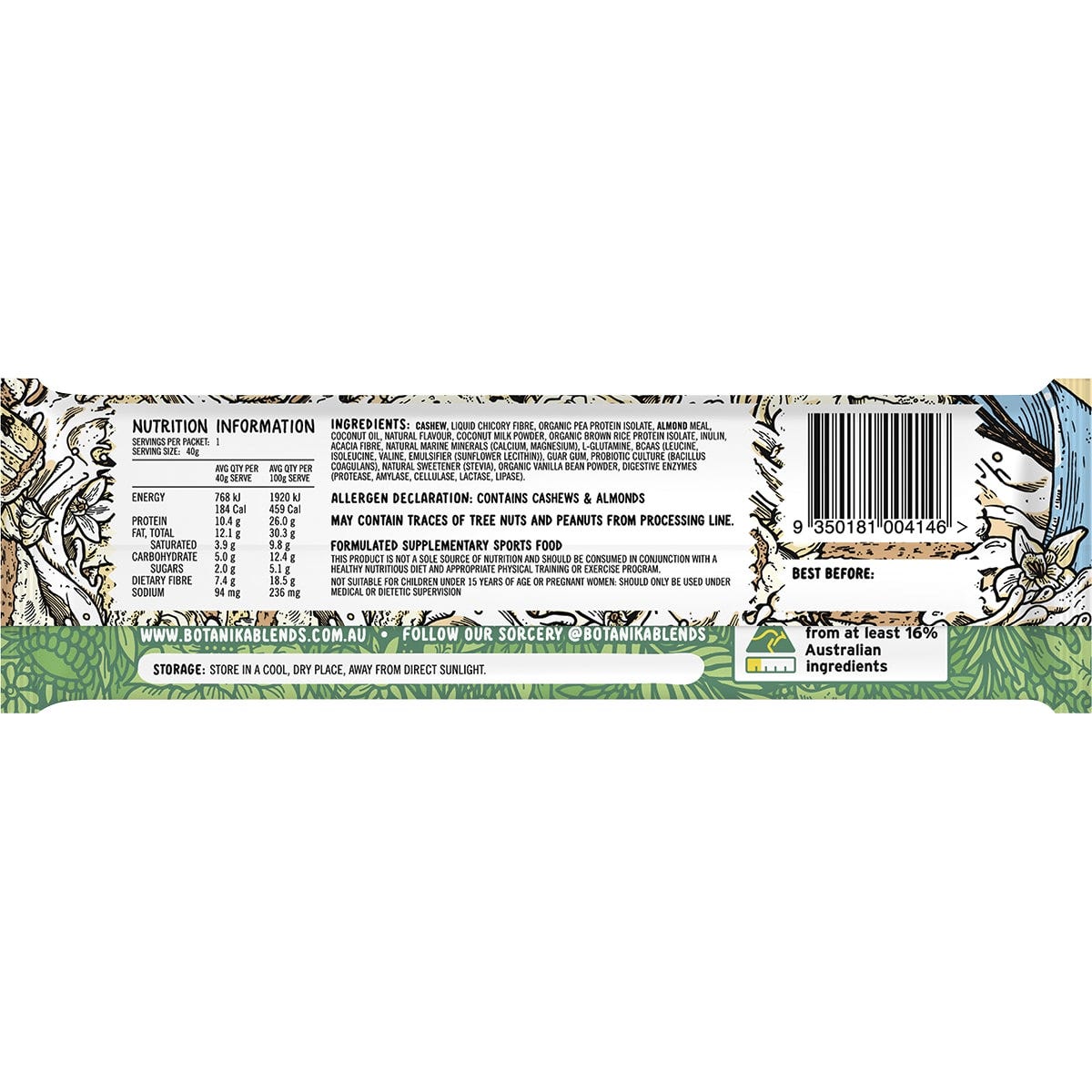 40g Botanika Blends Vanilla Cake Batter vegan protein bar on a white background.