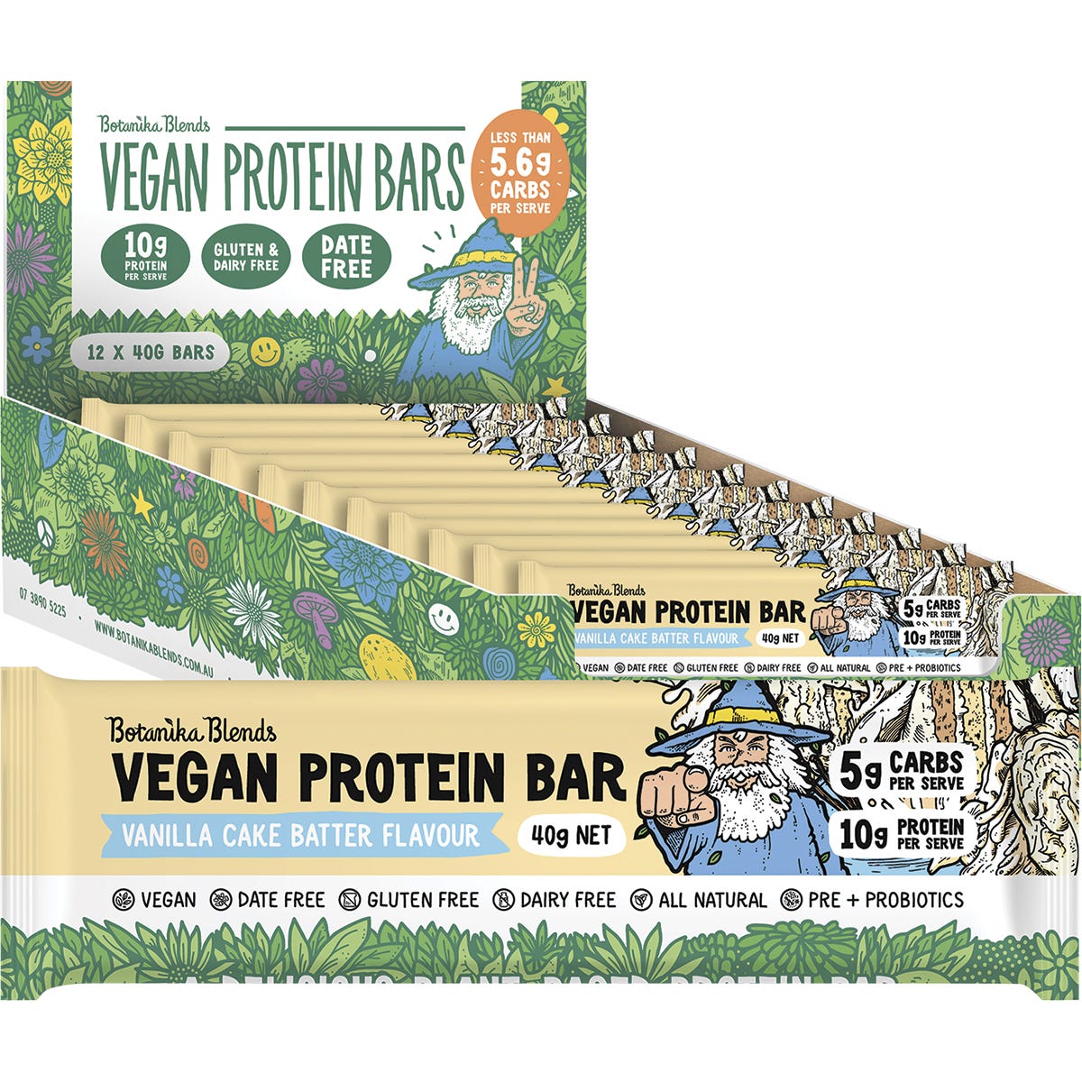 Box of 12 Botanika Blends Vanilla Cake Batter vegan protein bars with an individual 40g bar on a white background.