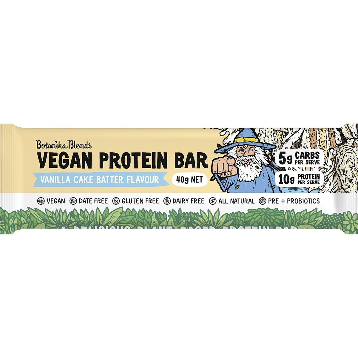 Box of 12 Botanika Blends Vanilla Cake Batter vegan protein bars shown with one 40g bar on a white background.