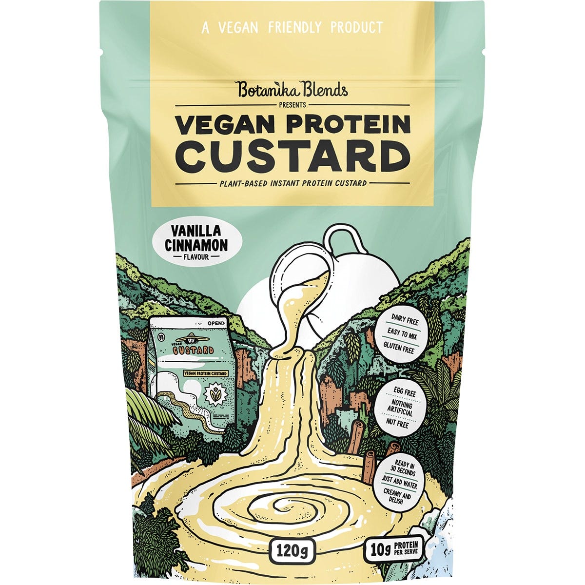 120g pouch of Botanika Blends Vanilla Cinnamon Vegan Protein Custard with a white and tan label.