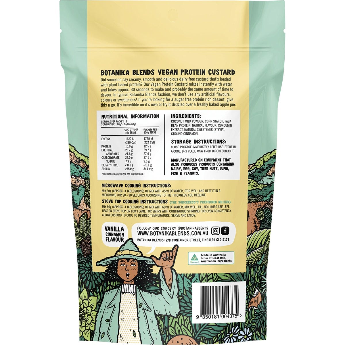 Botanika Blends 120g pouch of Vanilla Cinnamon Vegan Protein Custard featuring a white and tan label.