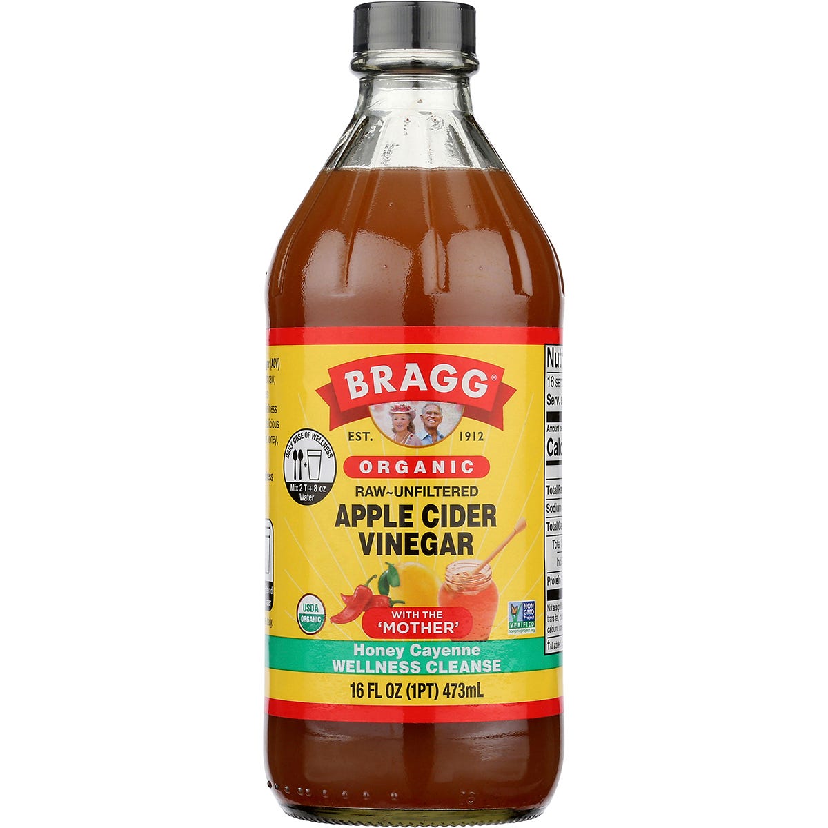Bragg Apple Cider Vinegar Honey Cayenne Wellness Cleanse 473ml bottle with a yellow and orange label.