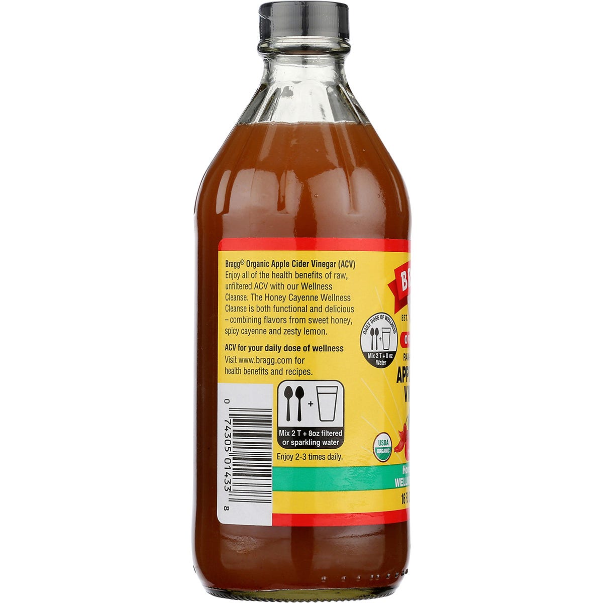 Bragg Apple Cider Vinegar Honey Cayenne Wellness Cleanse 473ml bottle with a yellow and orange label.