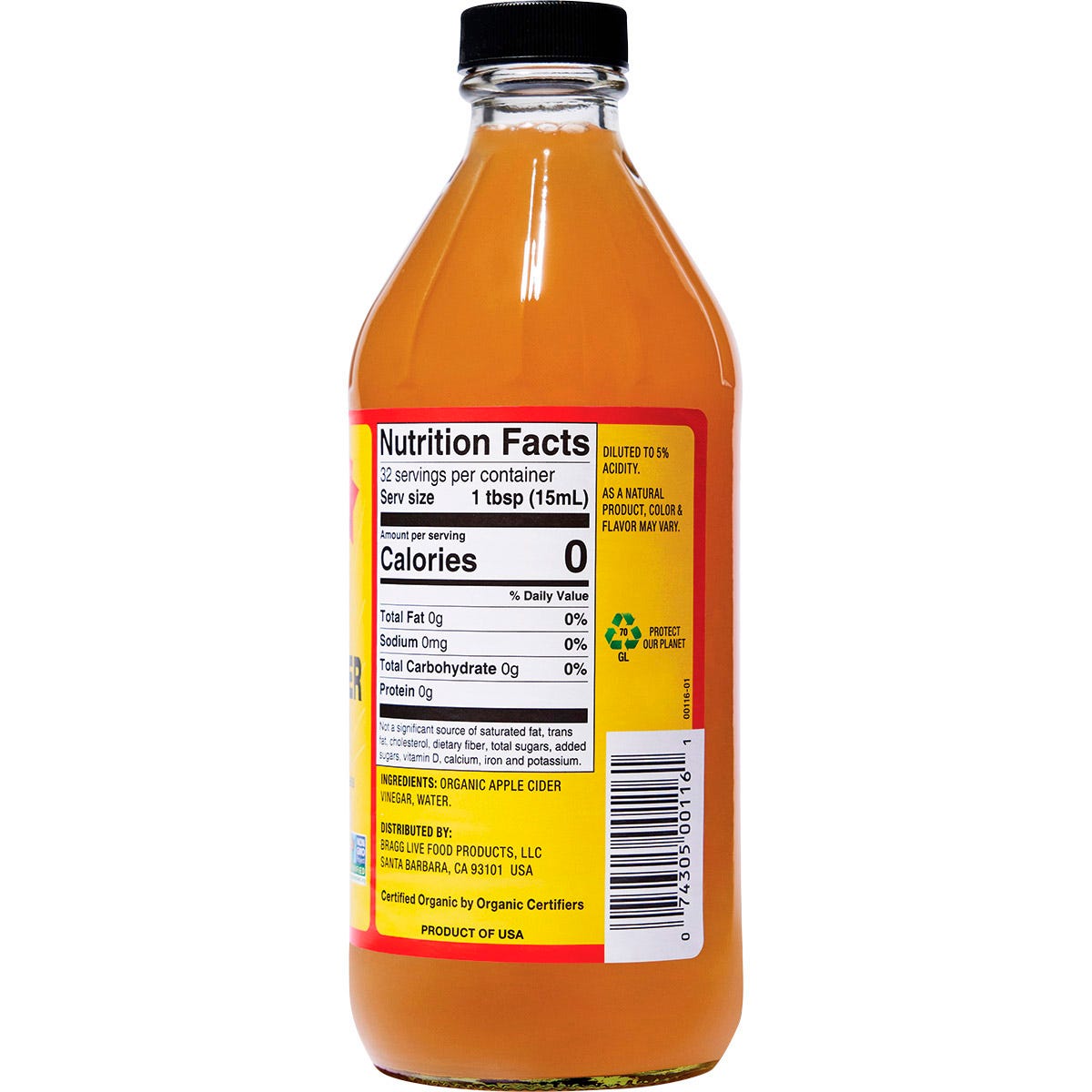 Back of a Bragg Organic Apple Cider Vinegar 473ml bottle showing nutrition facts, ingredients, and usage directions.