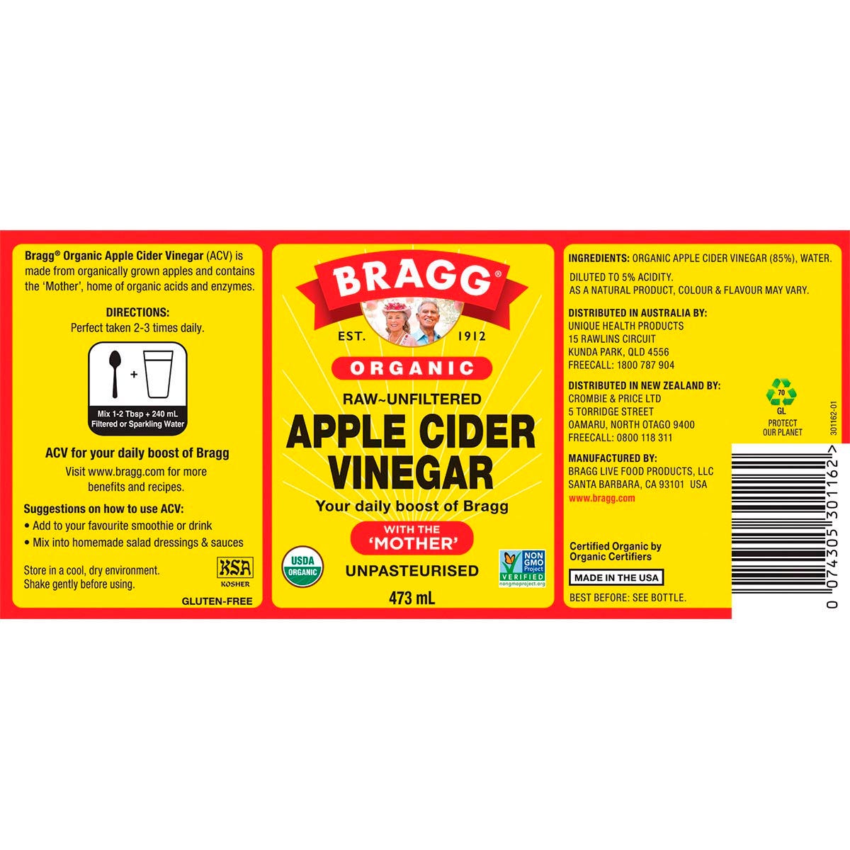 Bragg Apple Cider Vinegar Unfiltered with The Mother 473ml Payless 4 Organics