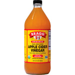 946ml glass bottle of Bragg Organic Apple Cider Vinegar, raw, unfiltered, and containing the Mother.
