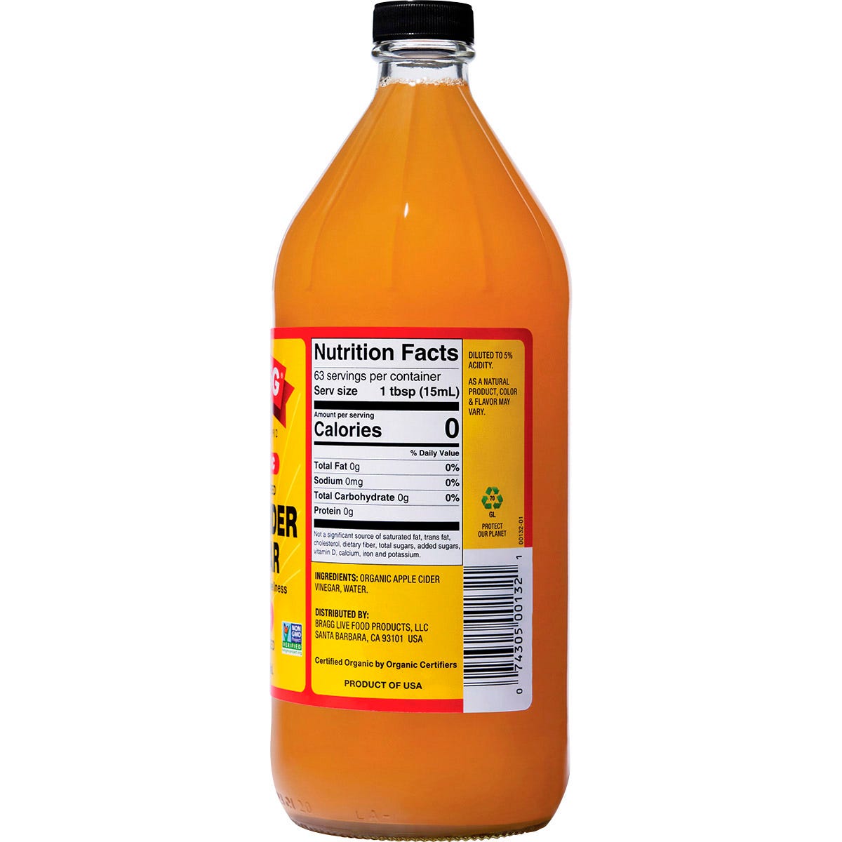 Back of Bragg Organic Apple Cider Vinegar 946ml bottle with nutrition facts, ingredients, and product benefits.